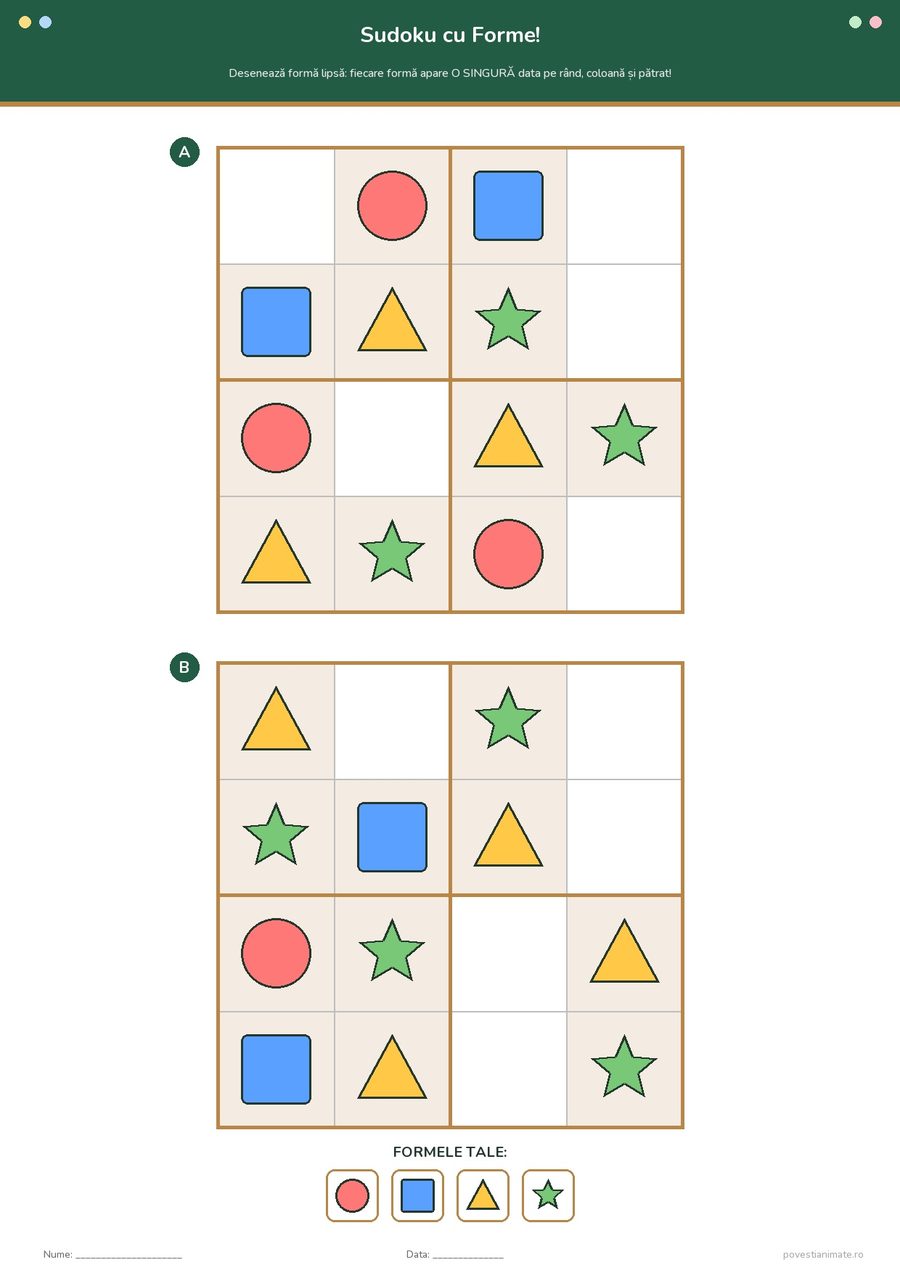 Fișă de lucru printabilă cu două grile sudoku 4×4 în care copiii desenează formele geometrice lipsă.