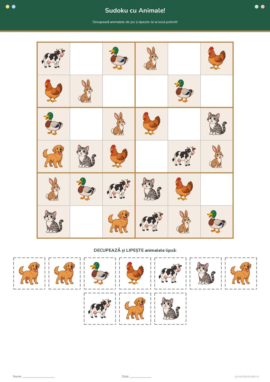 Fișă de lucru printabilă cu un sudoku 6×6 cu animale de la fermă și 10 cartonașe de decupat pentru căsuțele goale.