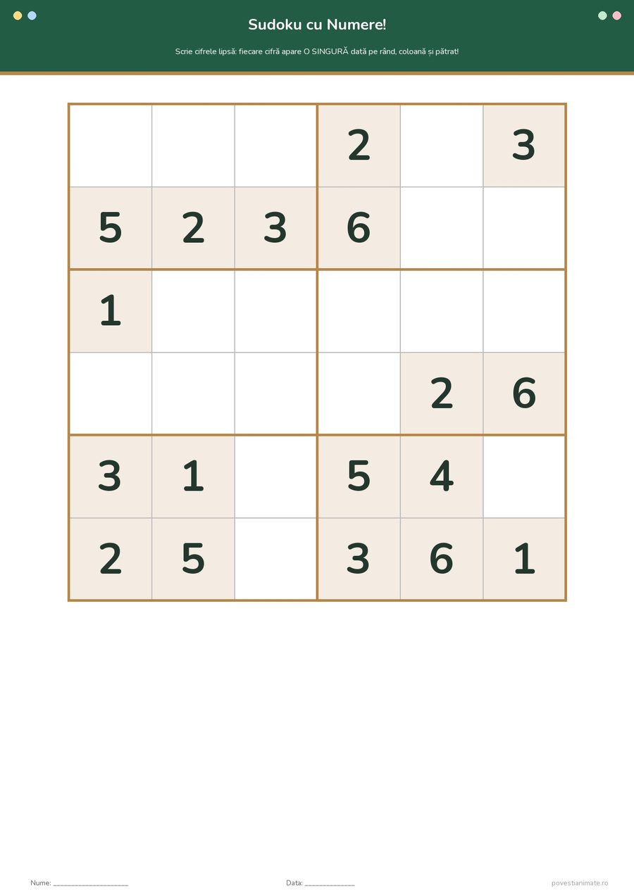 Fișă de lucru printabilă cu un sudoku 6×6 în care copiii completează numerele lipsă de la 1 la 6.