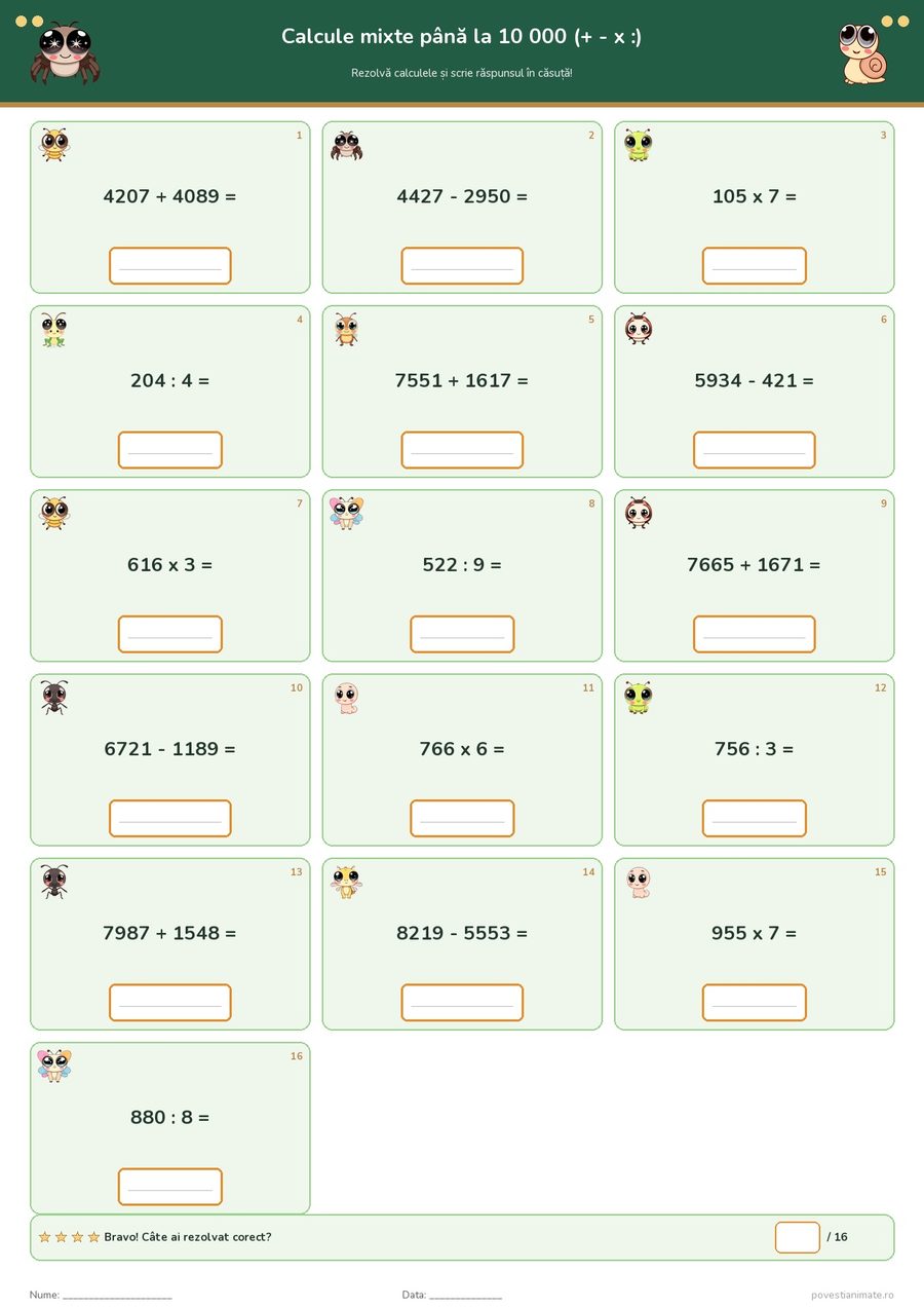 Fișă de lucru printabilă cu 16 calcule mixte până la 10 000, fiecare pe un cartonaș cu o gâză kawaii, și o căsuță de scor la final.