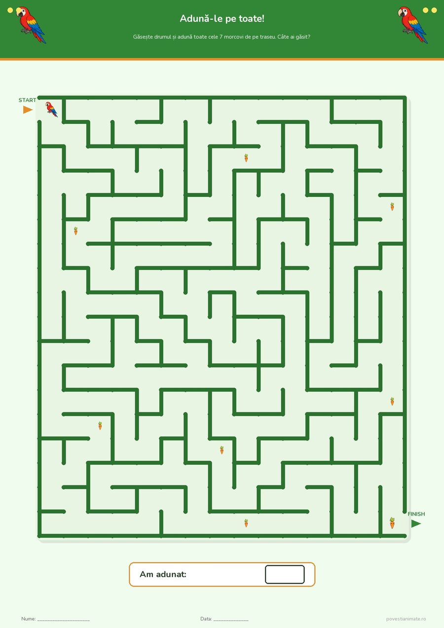 Fișă de lucru printabilă cu animale de fermă în care copiii găsesc drumul și adună toate obiectele de pe traseu.