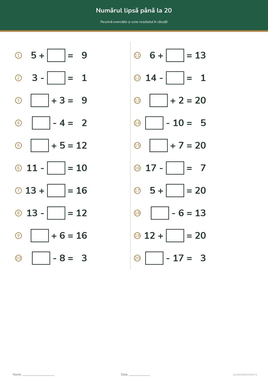 Fișă de lucru printabilă cu 20 de calcule pe două coloane, fiecare cu o căsuță goală în locul unui termen, de exemplu 5 + căsuță = 9.