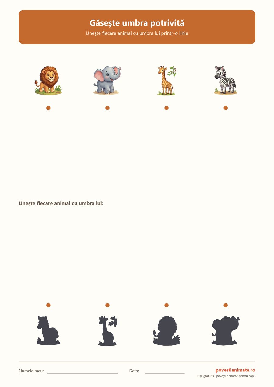 Patru animale din safari sus și umbrele lor amestecate jos, de unit cu o linie