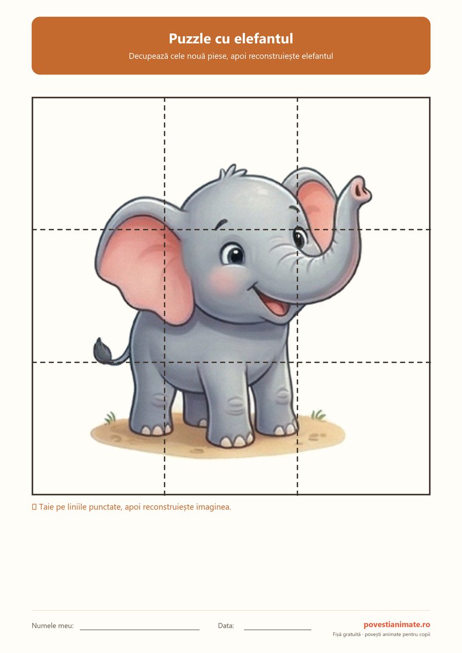 Imagine mare cu un elefant, împărțită în nouă piese de decupat