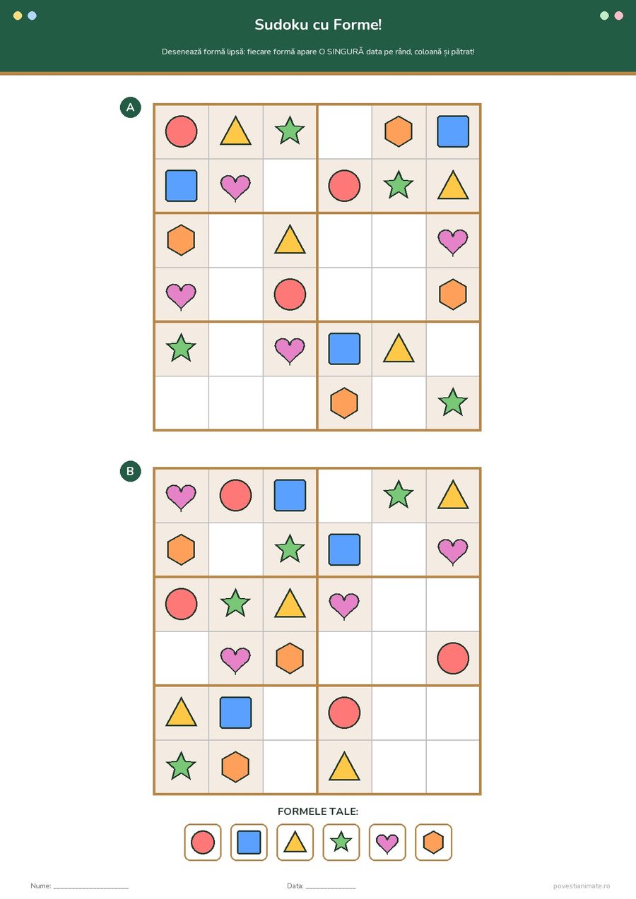 Fișă de lucru printabilă cu două grile sudoku 6×6 în care copiii desenează formele geometrice lipsă.