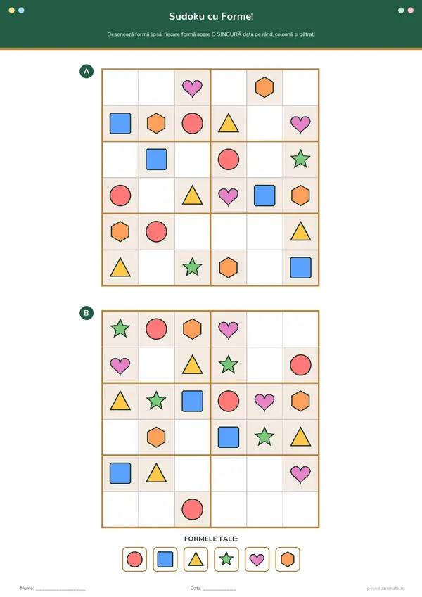 Fișă de lucru printabilă cu două grile sudoku 6×6 cu forme colorate: cerc, pătrat, triunghi, stea, inimă și hexagon.
