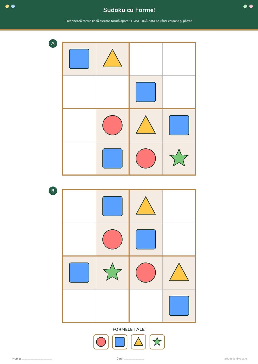Fișă de lucru printabilă cu două grile de sudoku în care copiii desenează formele geometrice lipsă din grilă.