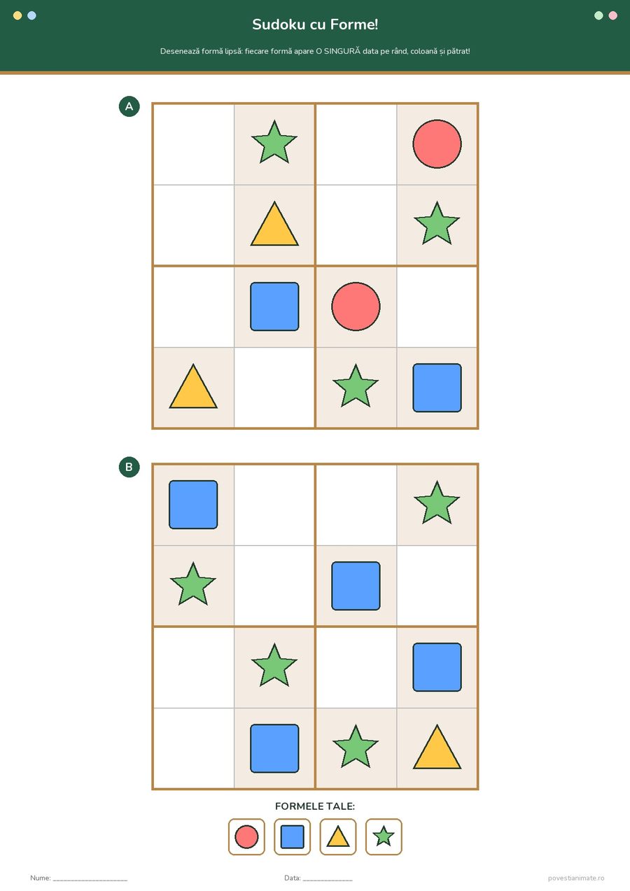 Fișă de lucru printabilă cu două grile de sudoku 4×4 în care copiii desenează formele geometrice lipsă: cerc, pătrat, triunghi și stea.
