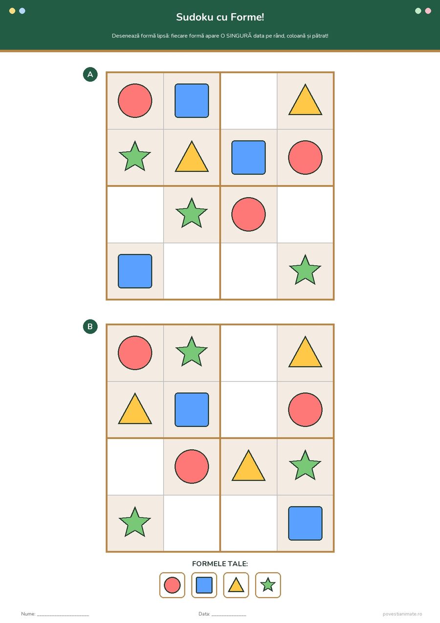 Fișă de lucru printabilă cu două grile de sudoku în care copiii desenează formele geometrice lipsă.