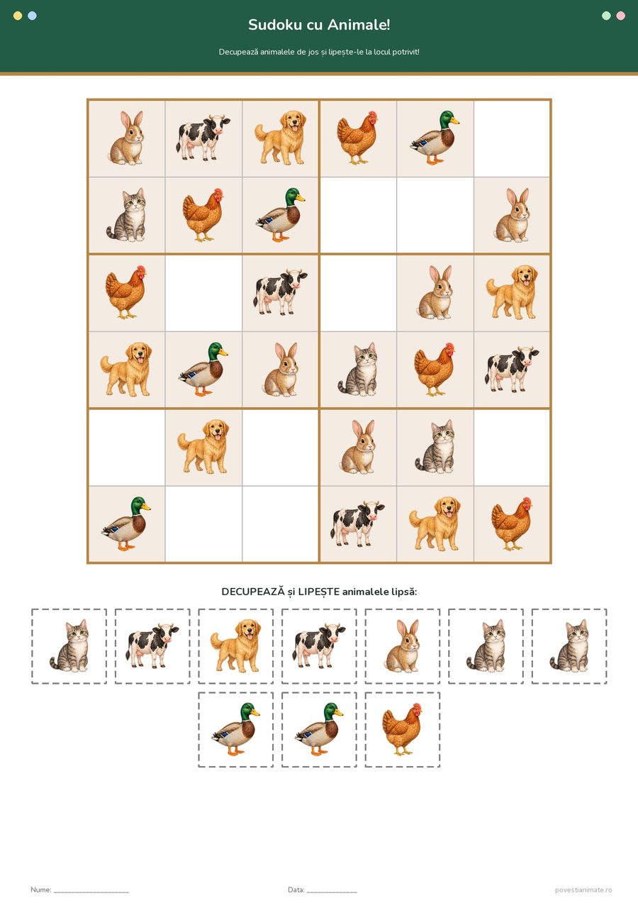 Fișă de lucru printabilă cu un sudoku 6×6 cu animale de la fermă și zece cartonașe de decupat pentru căsuțele goale.