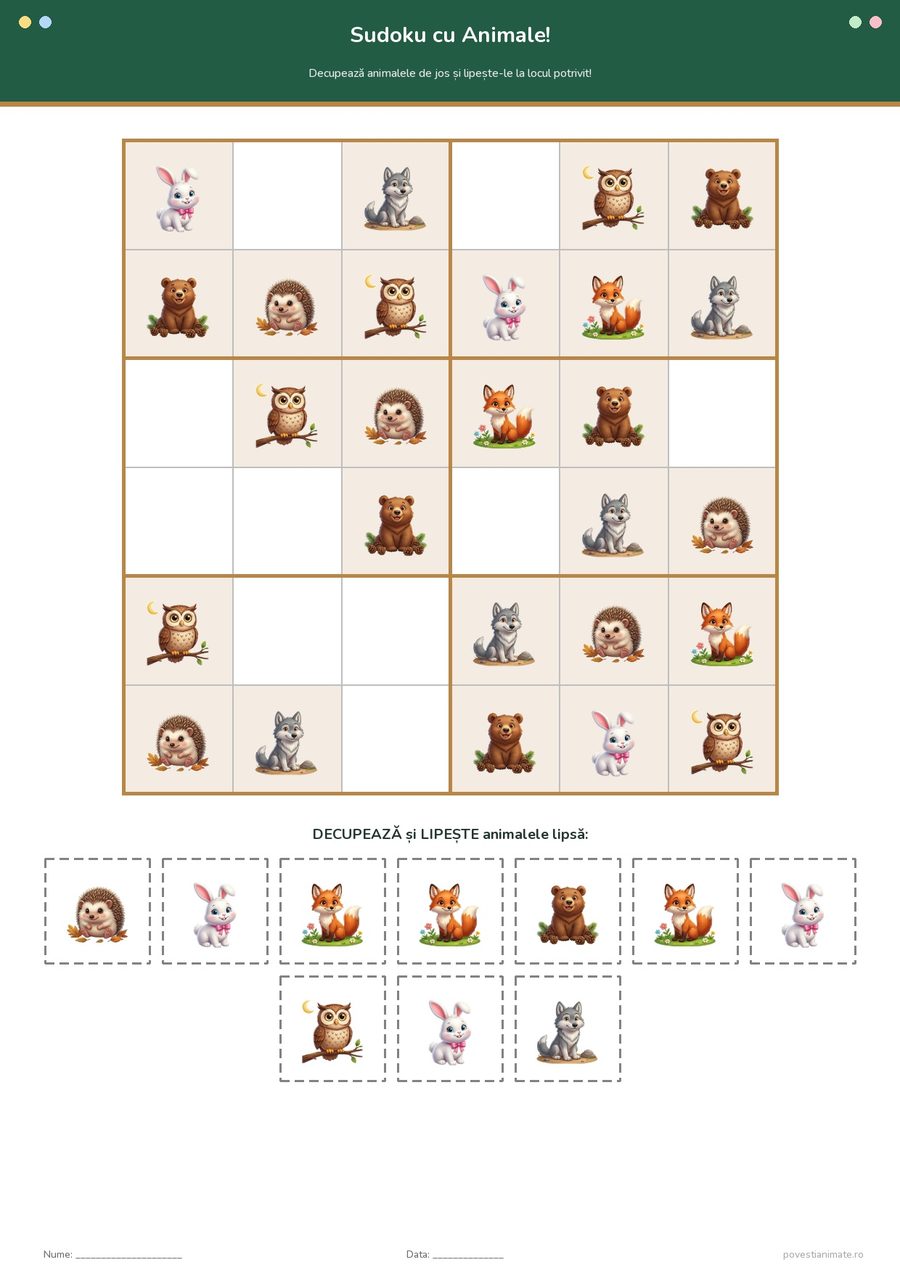 Fișă de lucru printabilă cu un sudoku 6×6 cu iepuraș, lup, bufniță, urs, arici și vulpe, plus 10 jetoane cu animale de decupat.