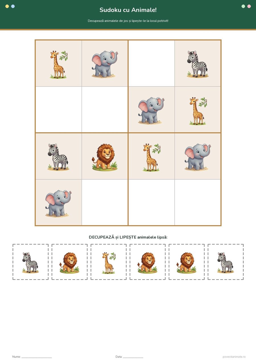 Fișă de lucru printabilă cu un sudoku 4 × 4 cu girafă, elefant, zebră și leu și un rând de cartonașe de decupat cu animalele lipsă.
