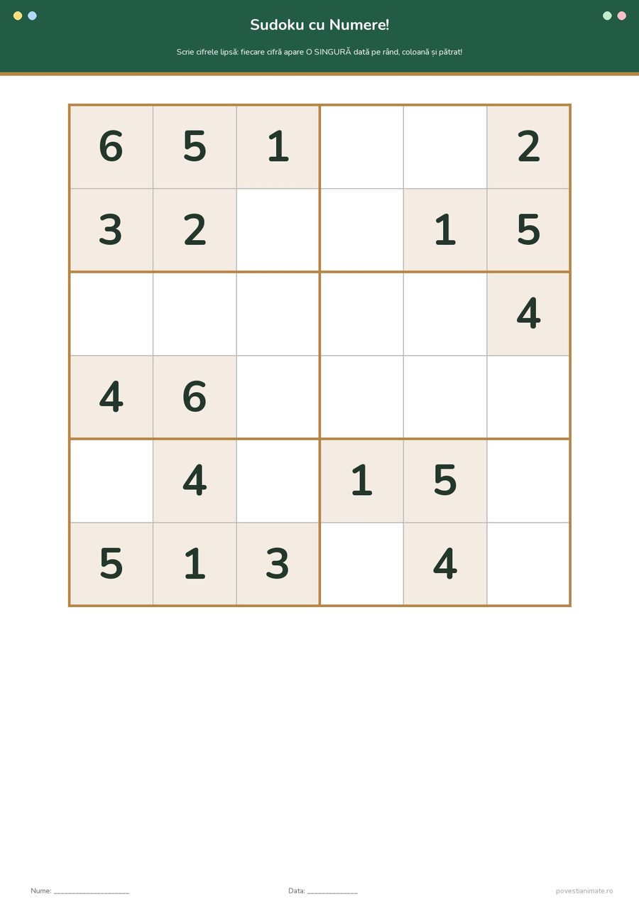 Fișă de lucru printabilă cu un sudoku 6 × 6: o parte din cifrele de la 1 la 6 sunt deja scrise, iar copilul completează căsuțele goale.