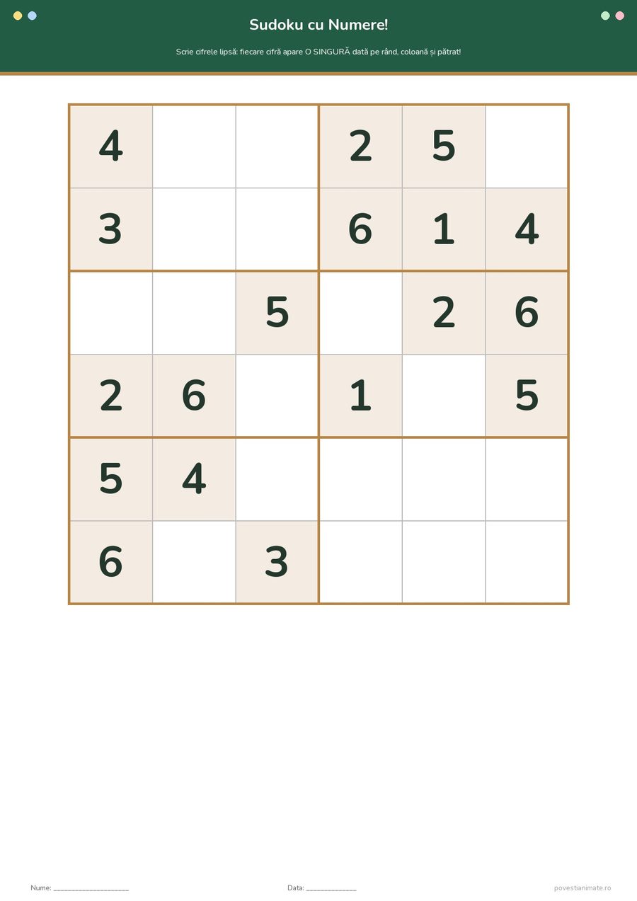 Fișă de lucru printabilă cu o grilă sudoku 6×6 în care copiii completează cifrele lipsă de la 1 la 6.