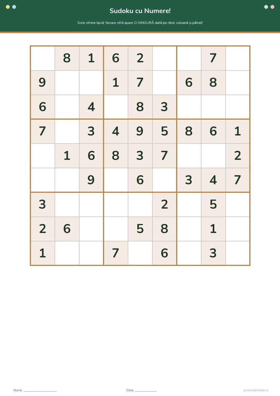 Fișă de lucru printabilă cu o grilă sudoku clasică 9×9 în care copiii completează cifrele lipsă de la 1 la 9.