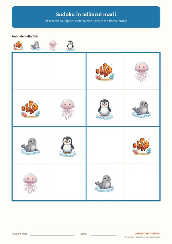 Grilă de sudoku 4 pe 4 pentru copii, cu peștișor, focă, meduză și pinguin