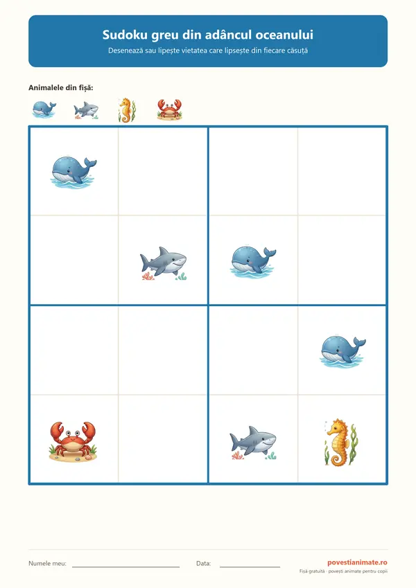 Grilă de sudoku 4 pe 4 cu balenă, rechin, căluț de mare și crab